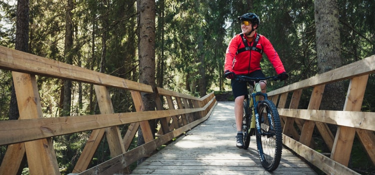 En person som cyklar över en träbro