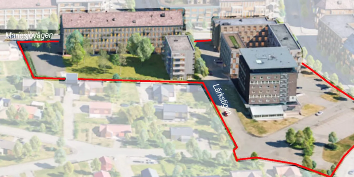 En flygbild av en stor byggnad med en röd linje
