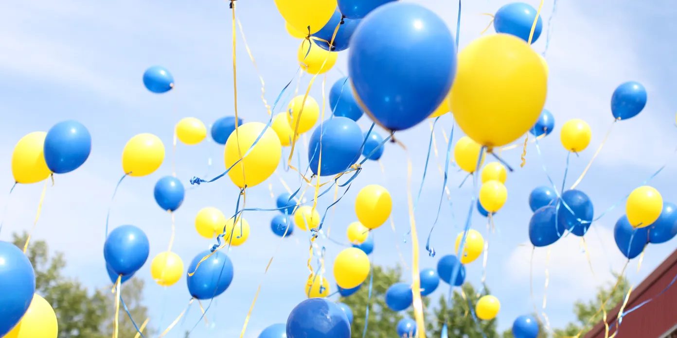 En massa blå och gula ballonger som svävar i luften